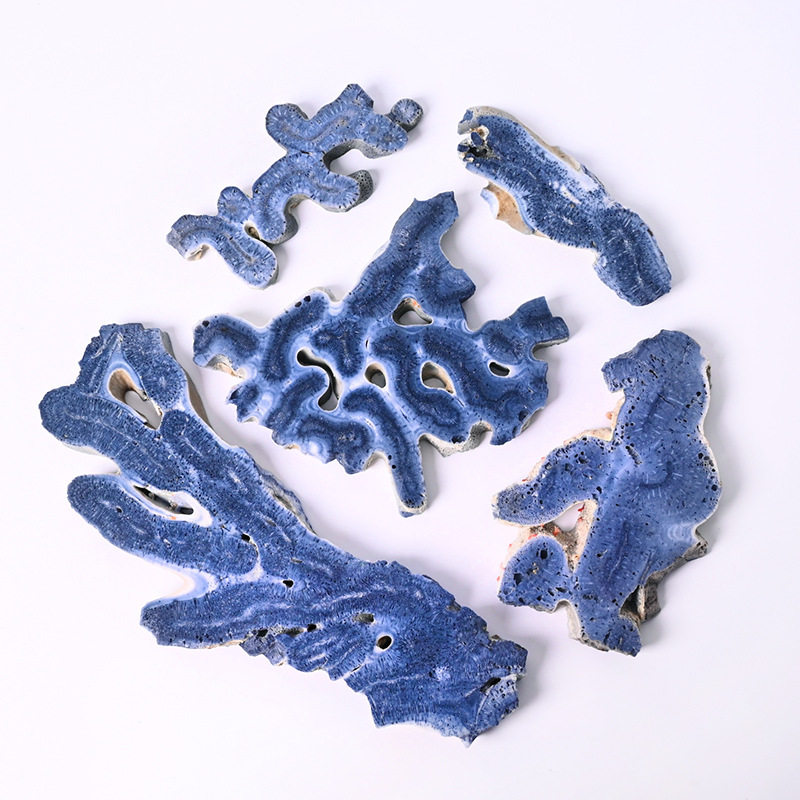 天然水晶蓝珊瑚切片水晶原石手工切割方牌切片摆件装饰板材摆件