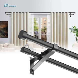 亚马逊可调节双杆窗帘杆挂钩式哑光黑色拼接端帽式设计带支架