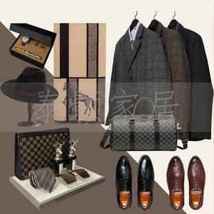 咖色主题商务男士 软装 衣柜 简约衣服皮鞋 样板房衣帽间意式