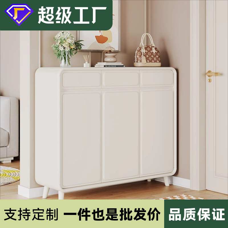 奶油风白色全实木鞋柜两三门现代简约家用入户门口玄关靠墙收纳柜