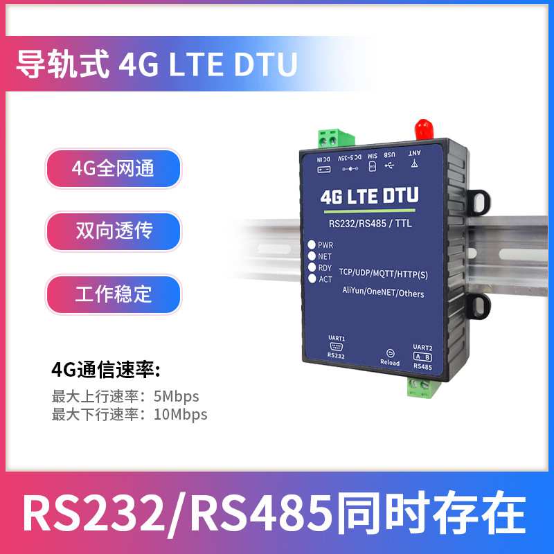 工业级全网通4GDTU模块RS485/232双向透明传输通信导轨式TCP/HTTP