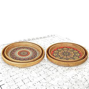 藤木拼接越南藤编托盘日式水果盘双耳藤篮点心篮收纳筐圆形手绘篮