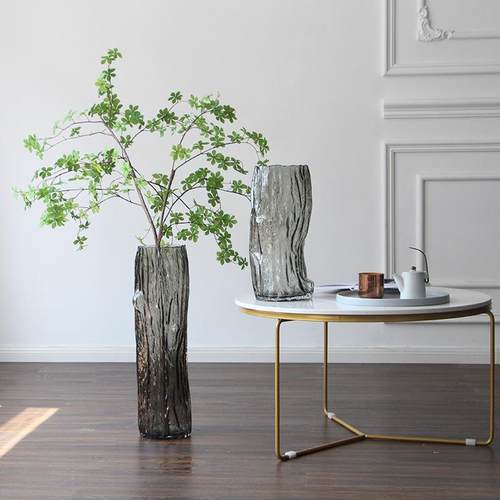 简约轻奢风厚重设计大号直筒树根落地玻璃花瓶家居软装工艺品