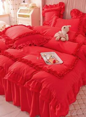 结婚庆大红色蕾丝床裙四件套花边床罩款式床单网红1.5米1.8m2被套