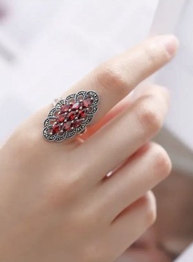 S925银戒指女个性食指潮u人百搭复古石榴红开口指环礼物老银匠手