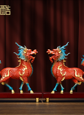 铜麒麟摆件一对 黄铜送献v瑞麒麟电视柜家庭客厅装饰开业乔迁礼物
