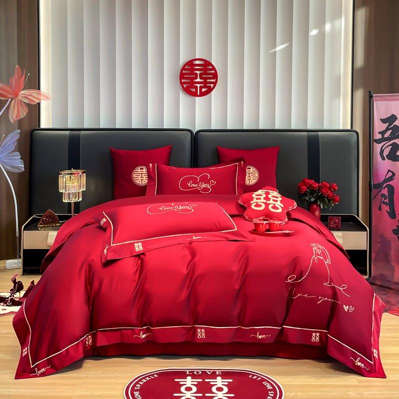 公主风结婚四件套新婚床上用品全棉红色喜庆100长绒棉抱枕六件套