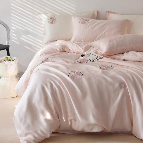 少女心夏季凉感丝滑天丝四件套轻奢绣花被套1.8m1.5米床上用品