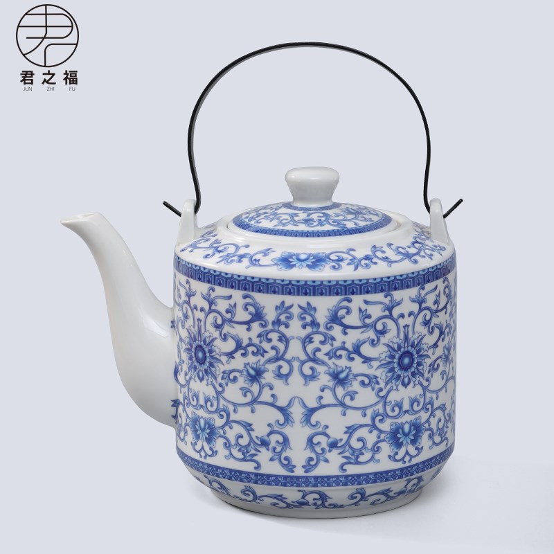 中式青花瓷泡茶壶陶瓷家用茶w具提梁壶大容量家用餐馆耐高温单个