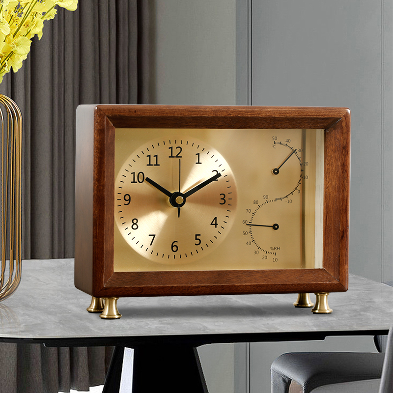 2024新款实木家用p客厅台式静音钟表机械温湿度小座钟现代简约时