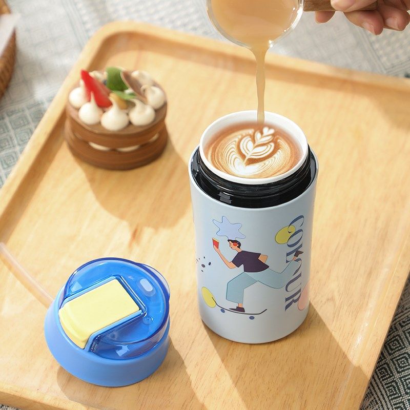 真陶瓷内胆咖啡杯男n女生带盖轻奢大容量便携保温带吸管双饮口水