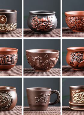 宜兴紫砂双龙茶碗朱泥品茗茶杯大号手工浮雕龙凤茶杯反口杯主人杯