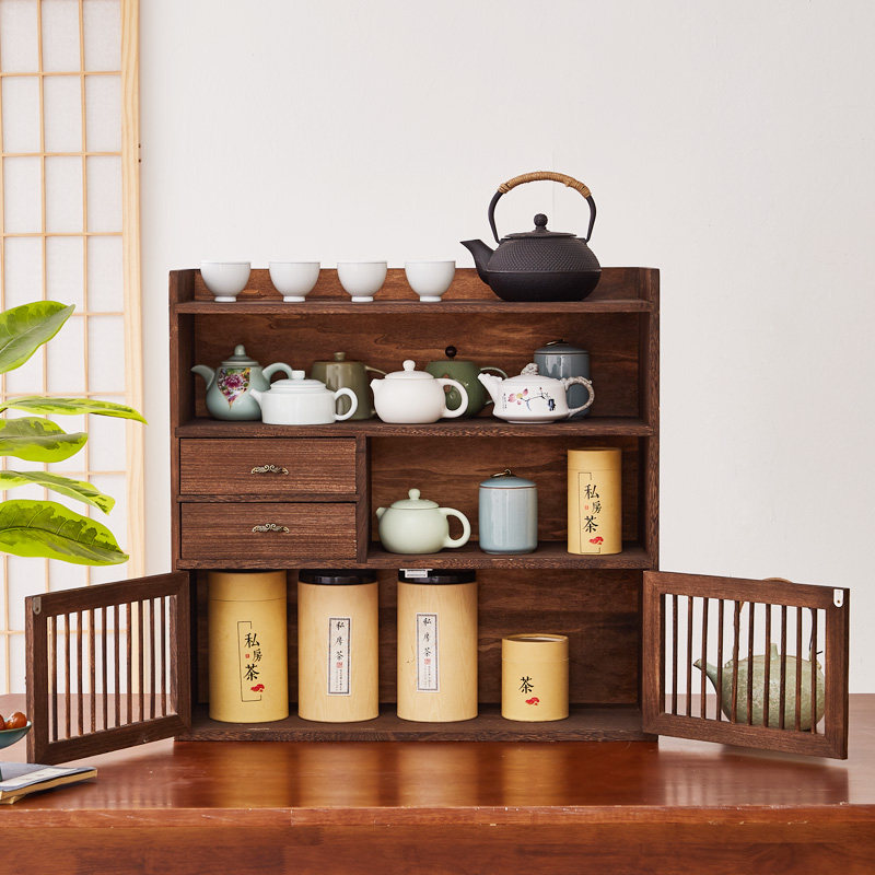 实木桌面博古架茶杯置物架茶具收纳柜展示架茶器茶具紫砂壶摆放架