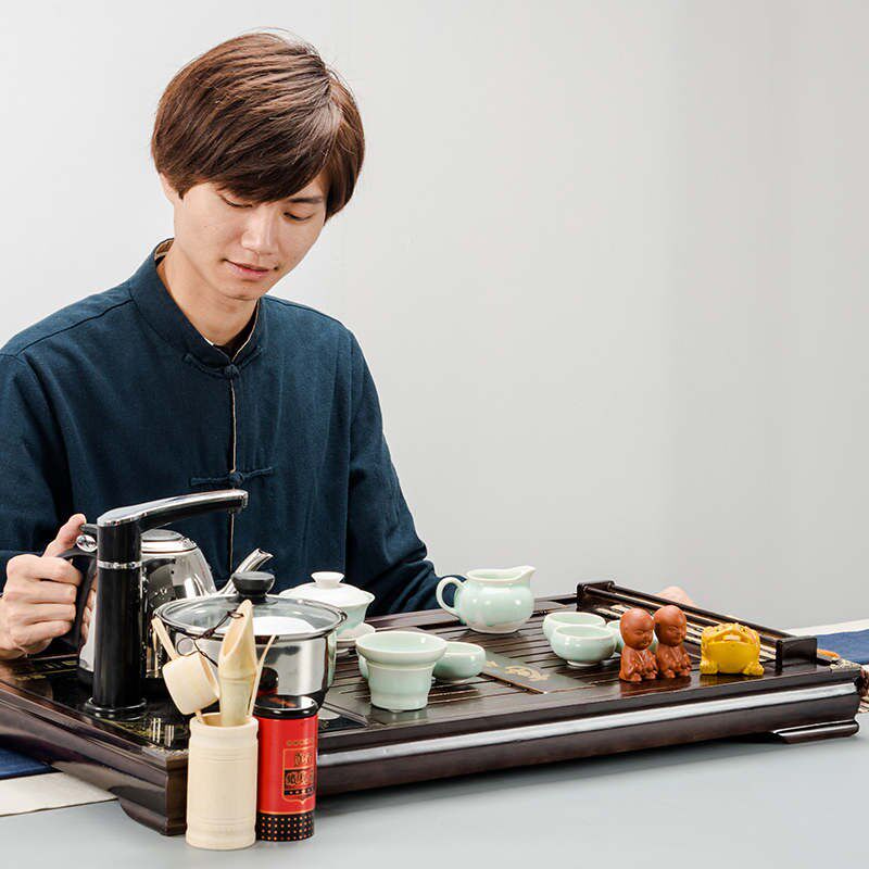 茶具套装整套陶瓷汝窑冰裂紫砂功夫茶杯四合一电磁炉实木茶盘茶道