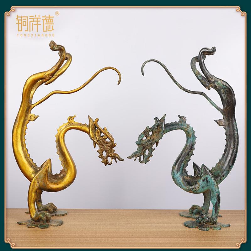 古青铜器唐代鎏金铜龙摆件纯铜立龙走龙古工艺品客厅装饰品