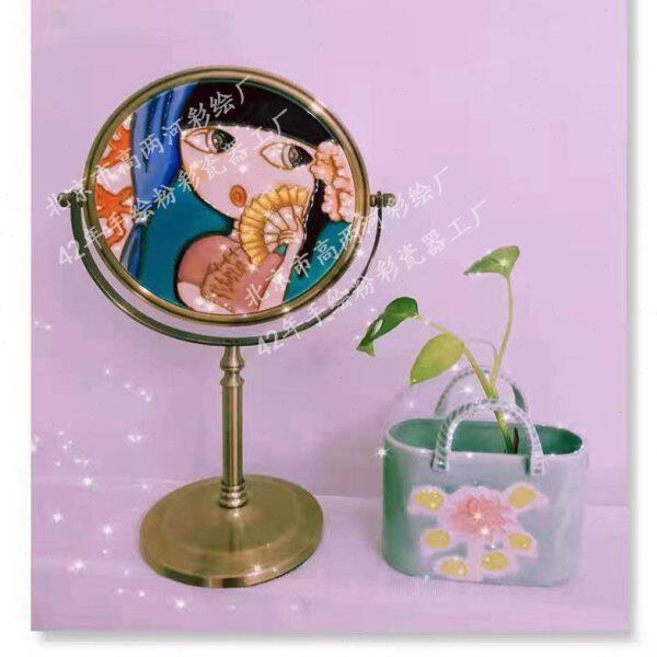 圆形田园风瓷片礼物浮雕立柱化妆镜梳妆镜复古高清高桌面台式两河