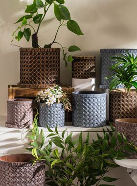 孔带仿风复古织筐有藤阳台水泥花盆侘寂托盘庭院装饰古典藤编创意