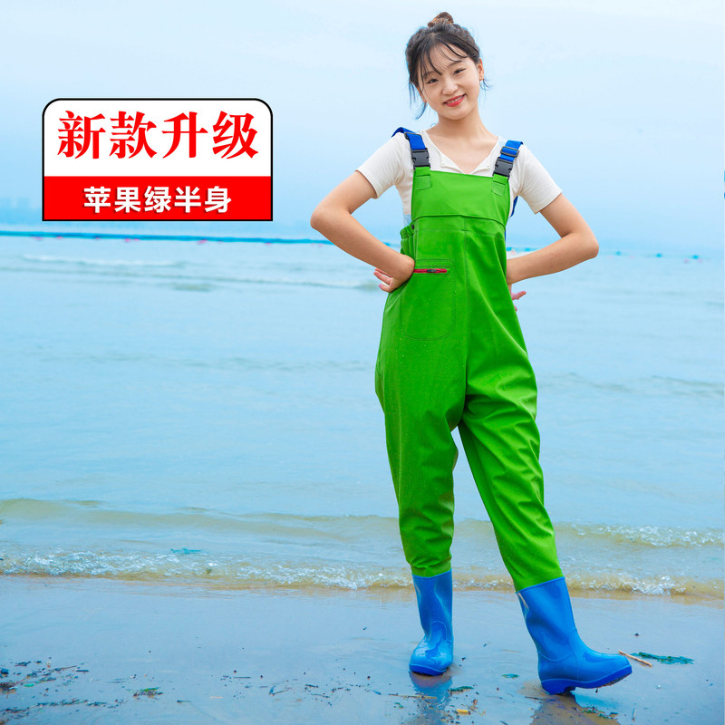 女士下水裤半身水库皮叉鱼裤全身防水齐腰打鱼进口加厚耐磨雨鞋渔