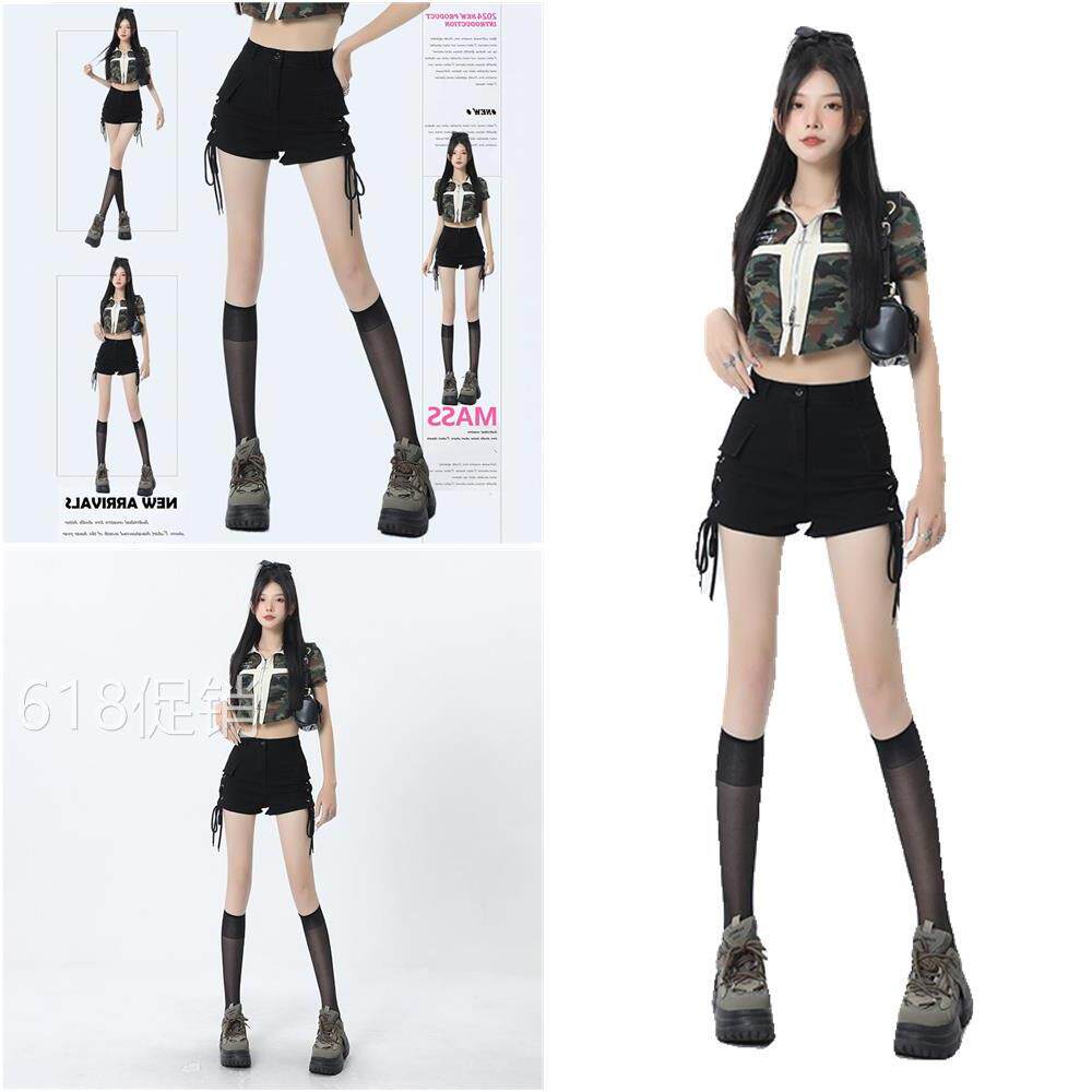 MASS黑色短裤女春夏2025新款辣妹修身显瘦美式设计感绑带牛仔热裤