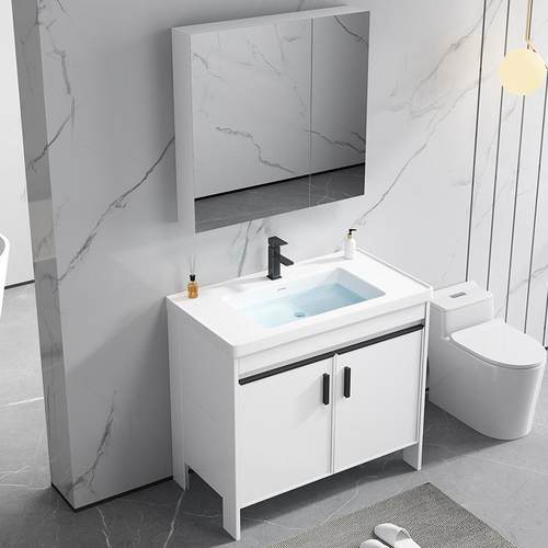 OF9D小户型太空铝落地式白色宽45cm洗漱手脸池一体陶瓷台盆浴室柜