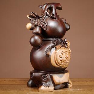 唐趣黑檀实木质木雕葫芦摆件福禄家居客厅电视柜送礼装饰品工艺品