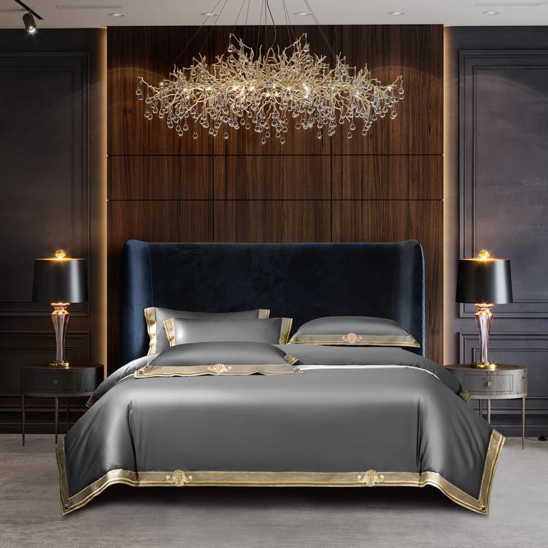 高档裸睡轻奢匹马棉刺绣1.8m床单床笠款四件套样板房奢华床上用品