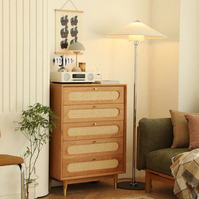 客厅沙发卧室床柜樱桃边柜简约木日式五斗橱尾黑胡桃木藤编五斗柜