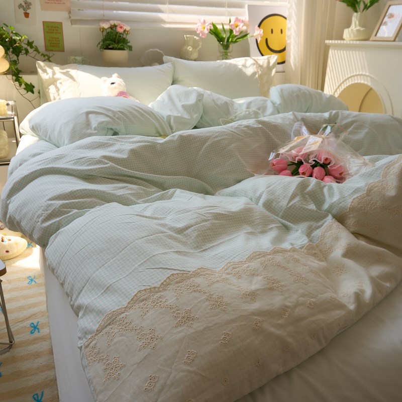 奶黄小格子水洗棉四件套r简约风床单人被套学生宿舍床上用品三件