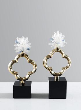 四叶草白色水晶花摆件黑色水晶底座高档卧室玄关家居软装装饰品