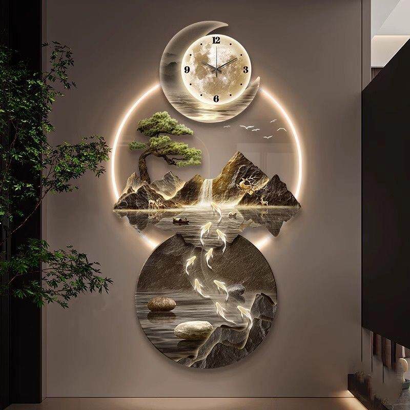 新中式带钟表玄关装饰画流水生财走廊过道挂画九鱼图led发光壁画