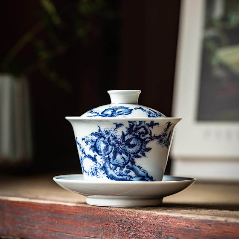 仿古寿桃三才盖碗茶杯陶瓷高档手工敬茶泡茶碗青花瓷盖碗单个大号