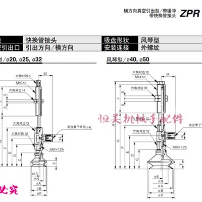 MC型吸盘侧边进气ZPR40/50BNJ/BSJ/UNJ/USJ/CNJ/CSJ20-08/06-A14