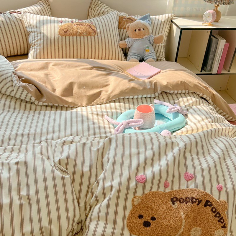 学生宿舍床上三件套卡p通全棉40支毛巾绣床单床笠款被套四件套单