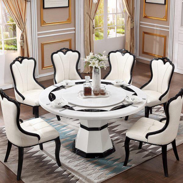 椅会所大理石欧式餐桌6人轻奢圆桌家用饭桌组合欧式圆形一桌六椅
