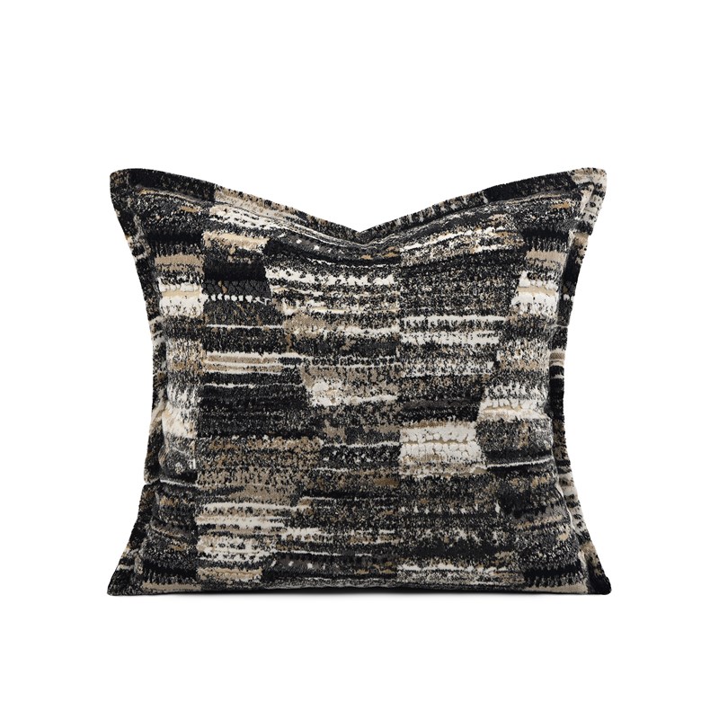 中古风轻奢样板间高档抱枕v黑咖花纹割绒靠枕沙发客厅床上靠垫套