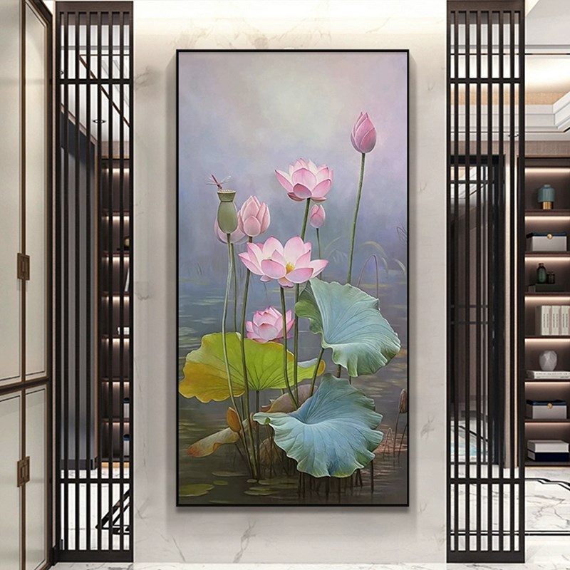 《合合美美》手绘油画荷花入户玄关装饰画写实风格新中式客厅高档图片