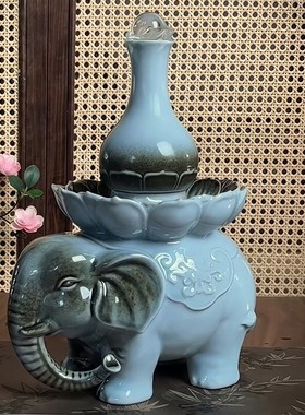 招财镇宅大象背葫芦转运球流水摆件循环水景办公室客厅玄关装饰品