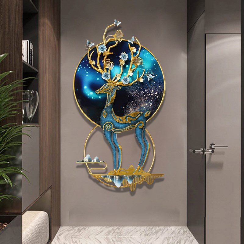 新中式轻奢挂件入户玄关路路w通晶瓷画梅花鹿新款挂画走廊装饰壁