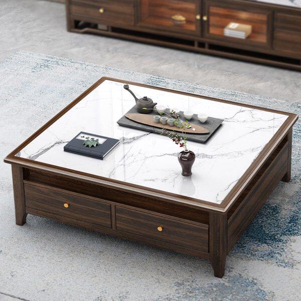 乌金木岩板茶几新中式轻奢茶桌客厅家用实木正方形方茶几沙发配套