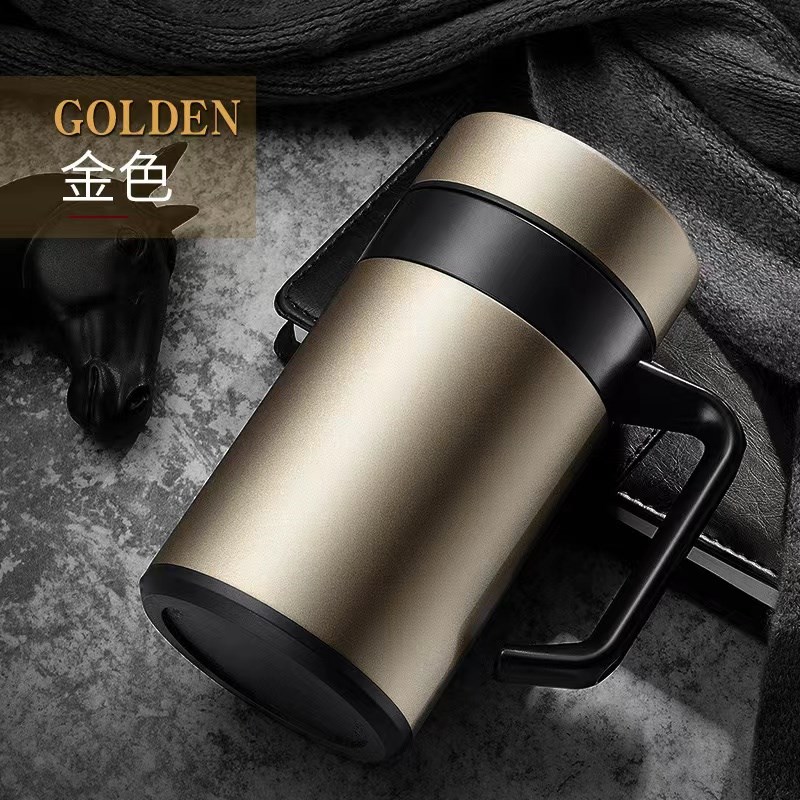 保温杯男士高f档杯子办公室304不锈钢茶水分离带手柄泡茶保温茶杯