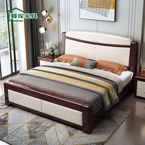 现代简约 全实木床单双人主卧白色1.D8米橡木1.5m中式高箱储物婚