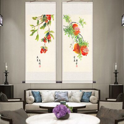 花鸟画卧室客厅装饰画柿子卷轴画事事如意水墨荷花中式卷轴挂画新