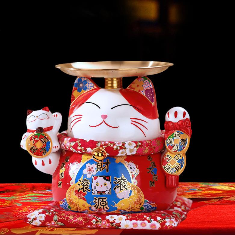 红色摇手招财猫摆件托盘收纳存钱罐厂家直销发财猫收银台店铺开业
