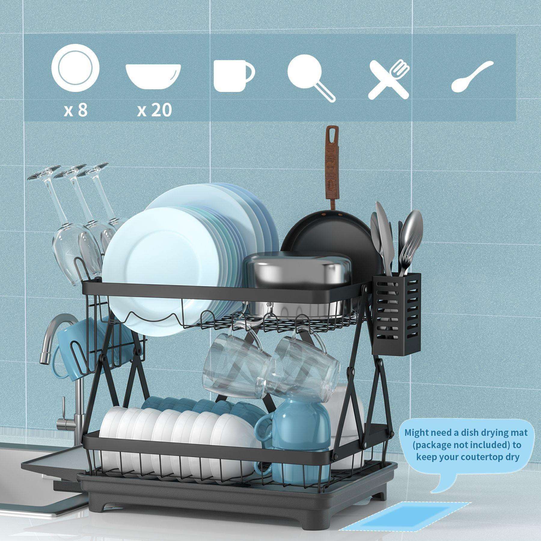 跨境厨房台面沥水碗盘收纳架双层可折叠碗架多功能碗碟碗筷置物架