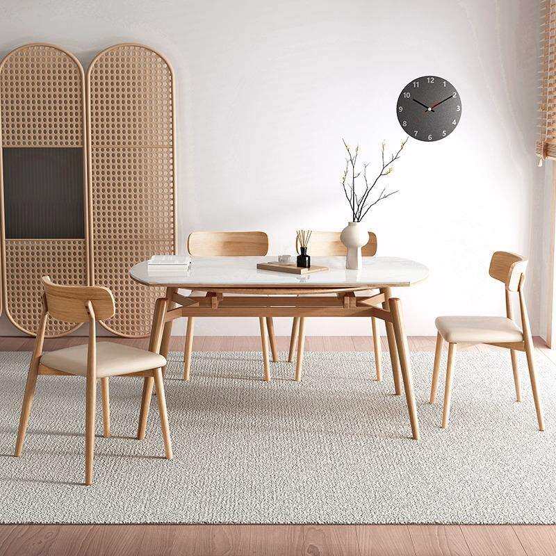 北欧原木风岩板餐桌实木伸缩可变圆形折叠餐桌椅子组合家用小户型