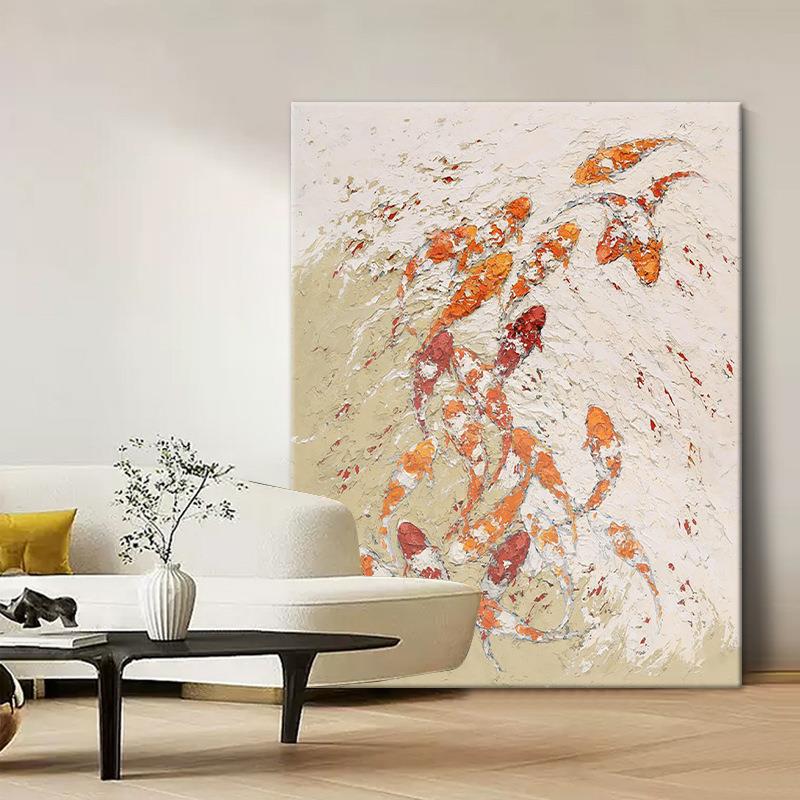 中古风砂岩红色锦鲤纯手绘油画立体鲤鱼装饰画客厅挂画玄关肌理画
