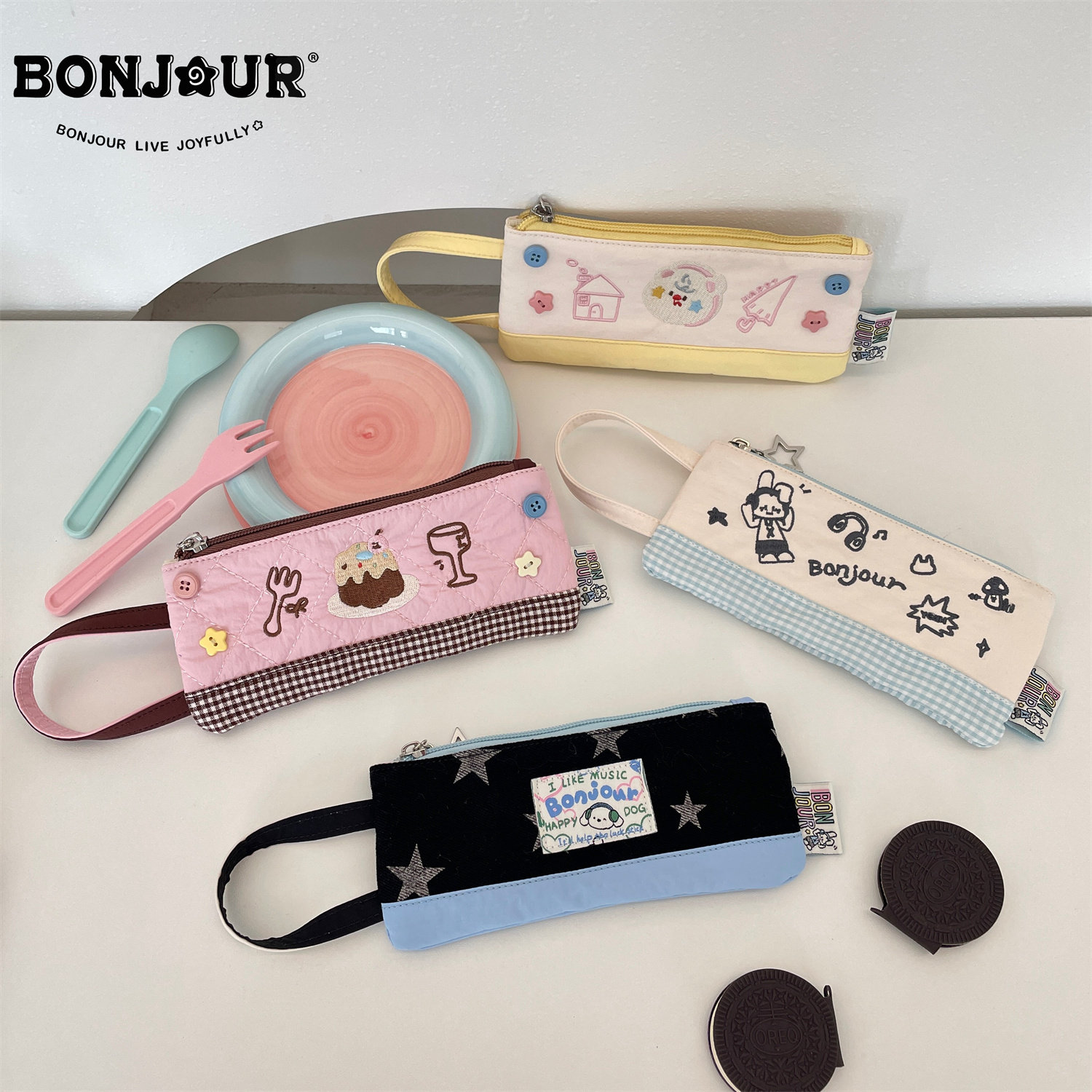 Bonjour原创日系学生可爱少女高颜值手提便携文具袋收纳包