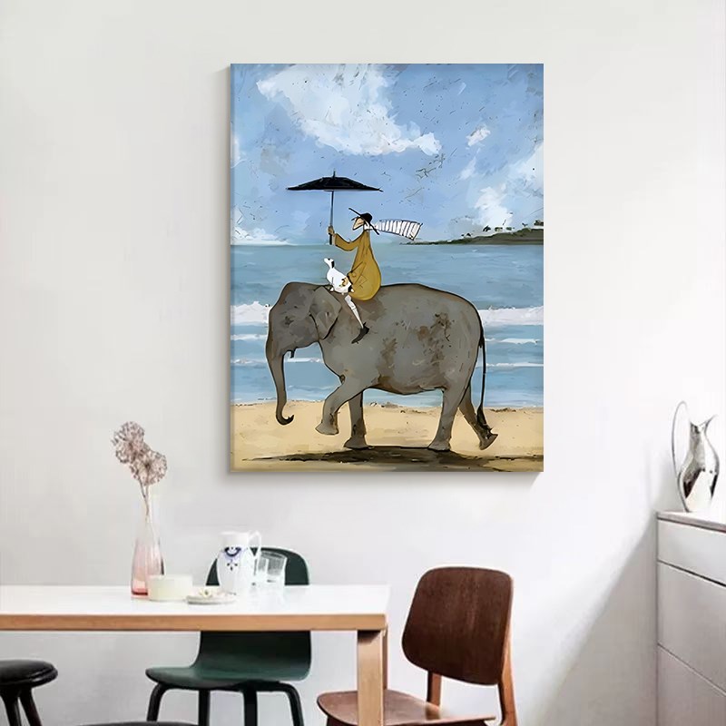 抽象人物和狗骑大象纯手绘油画美式客厅装饰画卡通玄关儿童房挂画图片