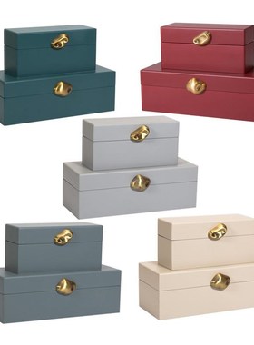 现代新中式木质漆器金属扣装饰盒摆件样板间书房卧室收纳盒首饰盒