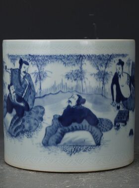 大清康熙年制青花竹林七贤笔筒 包老瓷器 旧货老货 收藏品